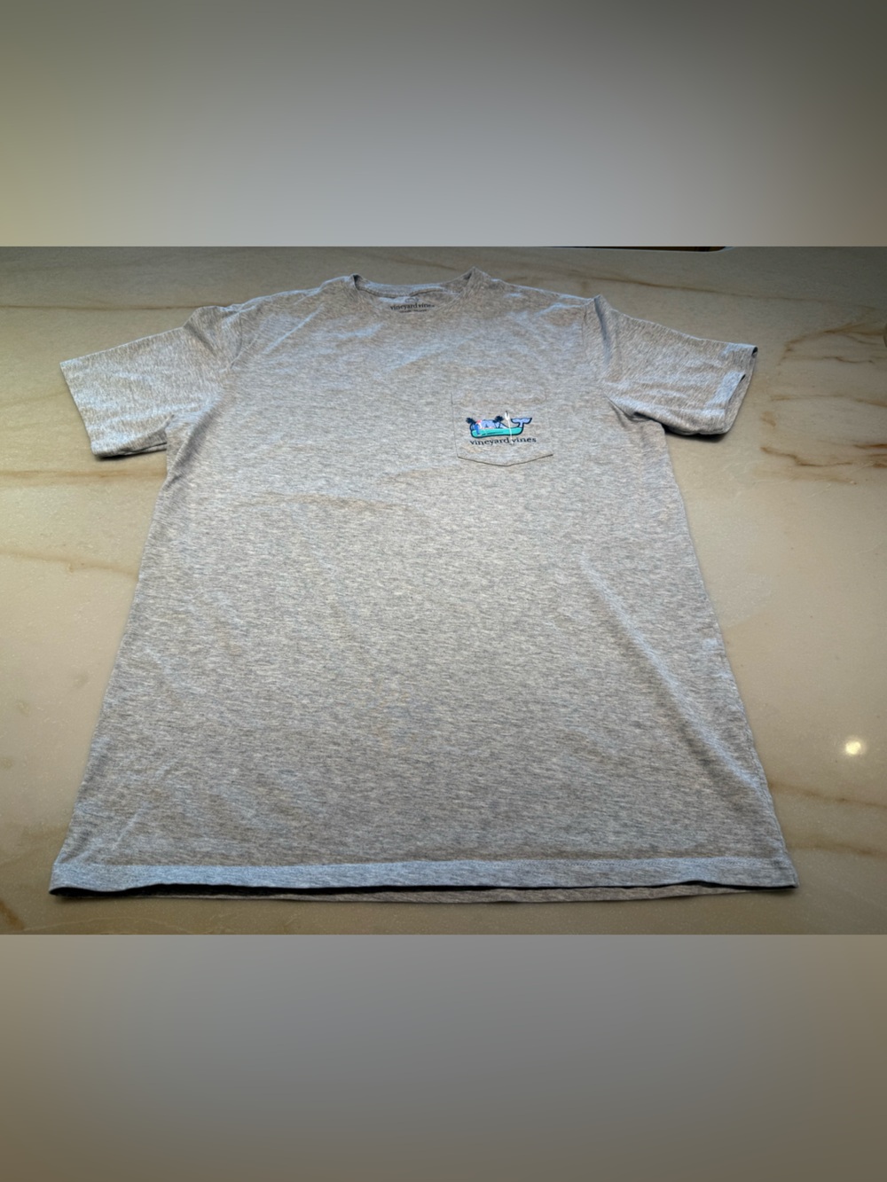 Vineyard Vines Heather Gray Short Sleeve Pocket Tee with Small Whale Graphic